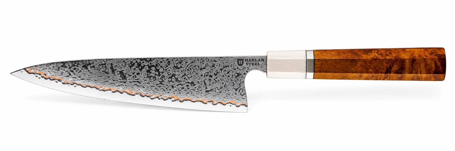 Harlan Steel Light copper Damascus kitchen knife, shown in full profile.