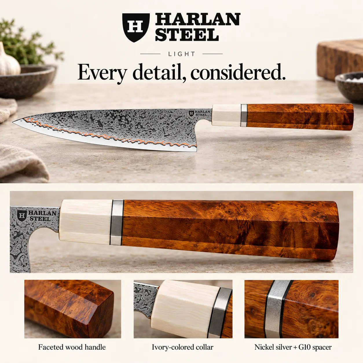 Close-ups of Light’s octagonal wood handle, ivory-colored collar and nickel silver and G10 spacer.