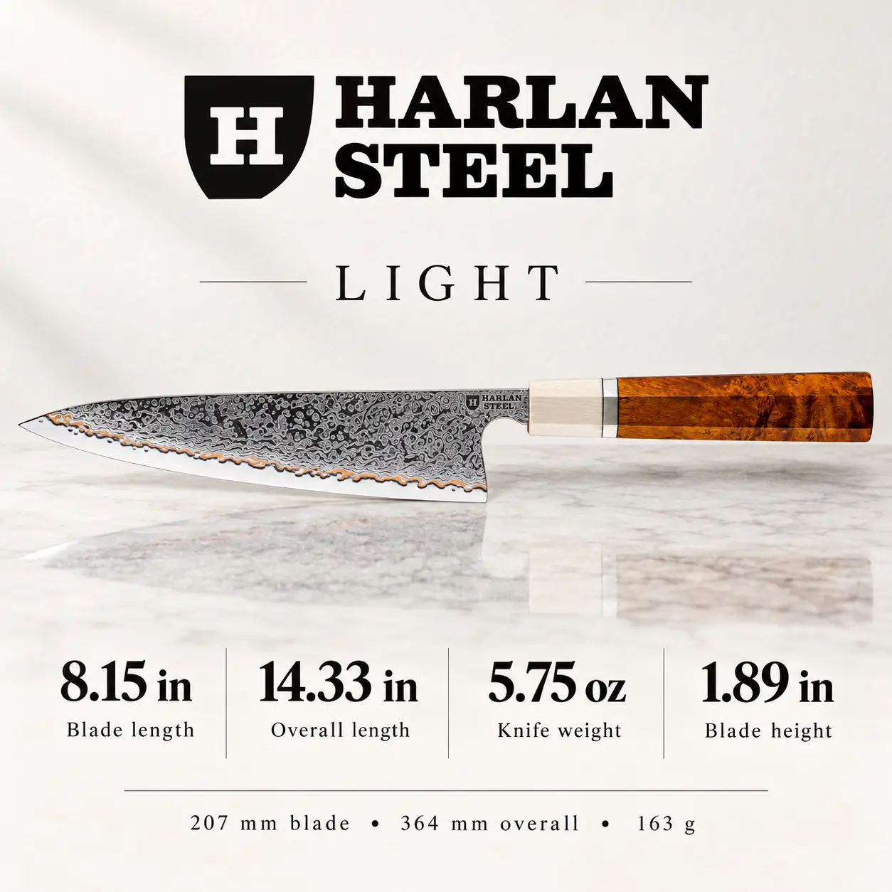 Light specifications graphic showing blade length, overall length, weight and blade height.